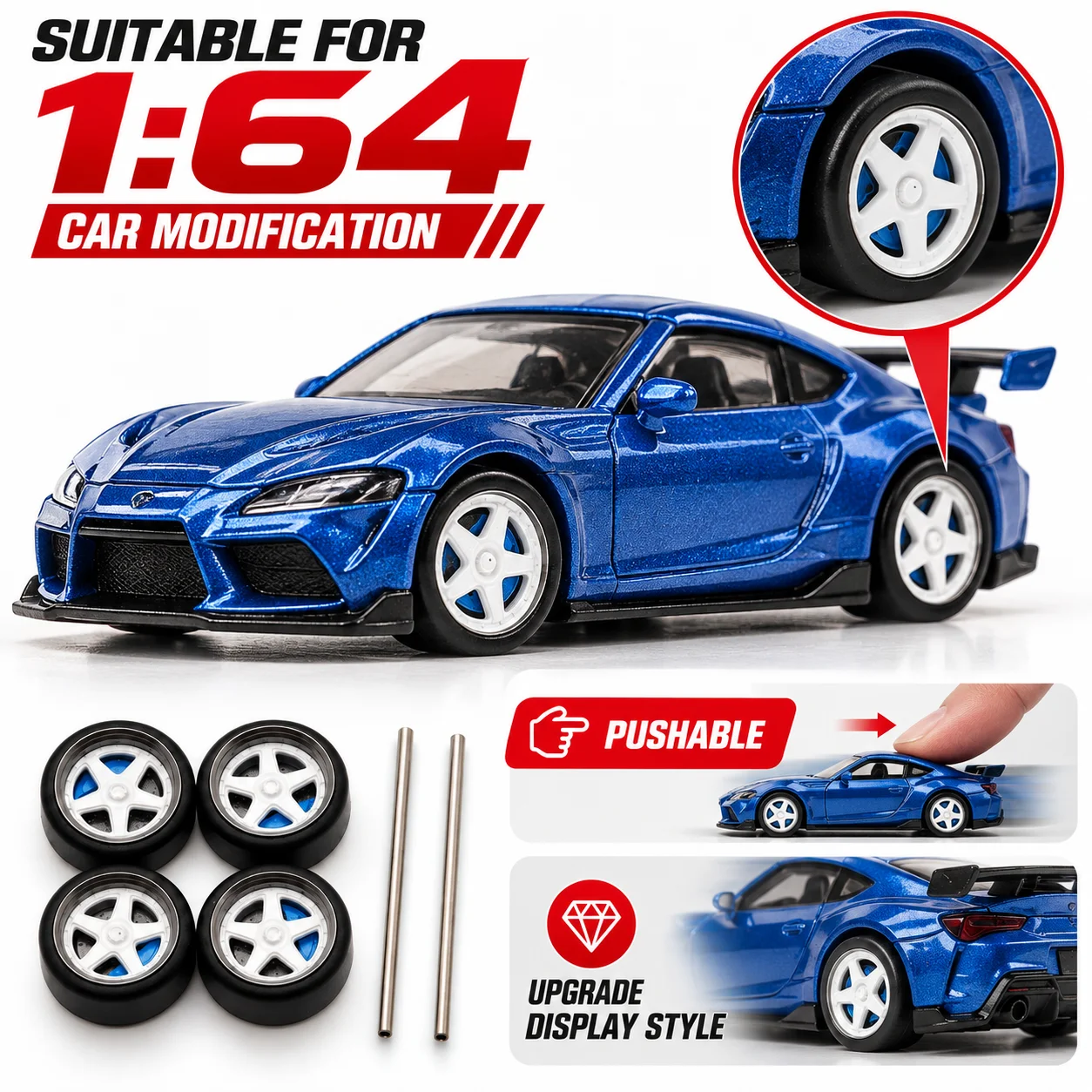 X-Scale 10.8mm 1:64 Scale Model Car Wheels White Five-Spoke Rims with Rubber Tires for 1/64 JDM Car Upgrade Refitting Parts