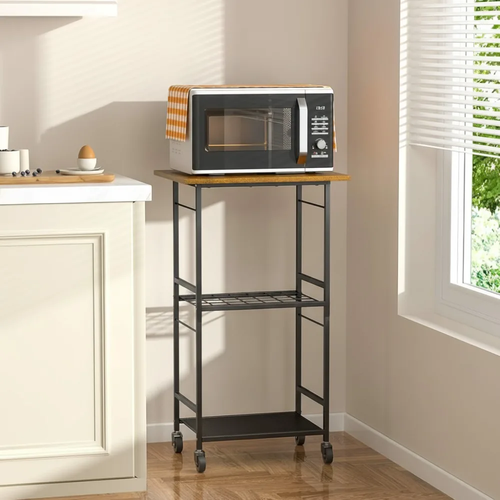 

3-Tier Rolling Kitchen Cart with Adjustable Shelf, Lockable Wheels & Hooks - Microwave Stand Organizer for Home Office