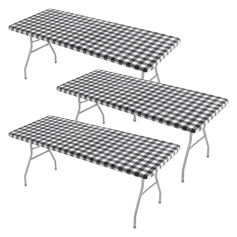 3 Pcs Fitted Tablecloth for Table,Stretch Waterproof Elastic Vinyl Picnic Table Cover with Flannel Backed