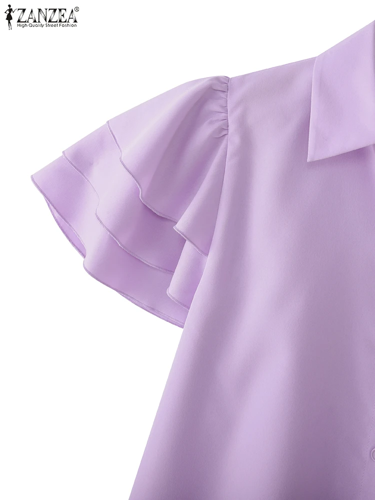 ZANZEA Camicie Casual da Donna Elegante Chic Maniche con Volant a Strati Bottoni con Colletto Camicie Femme Moda Estiva Tinta Unita Top