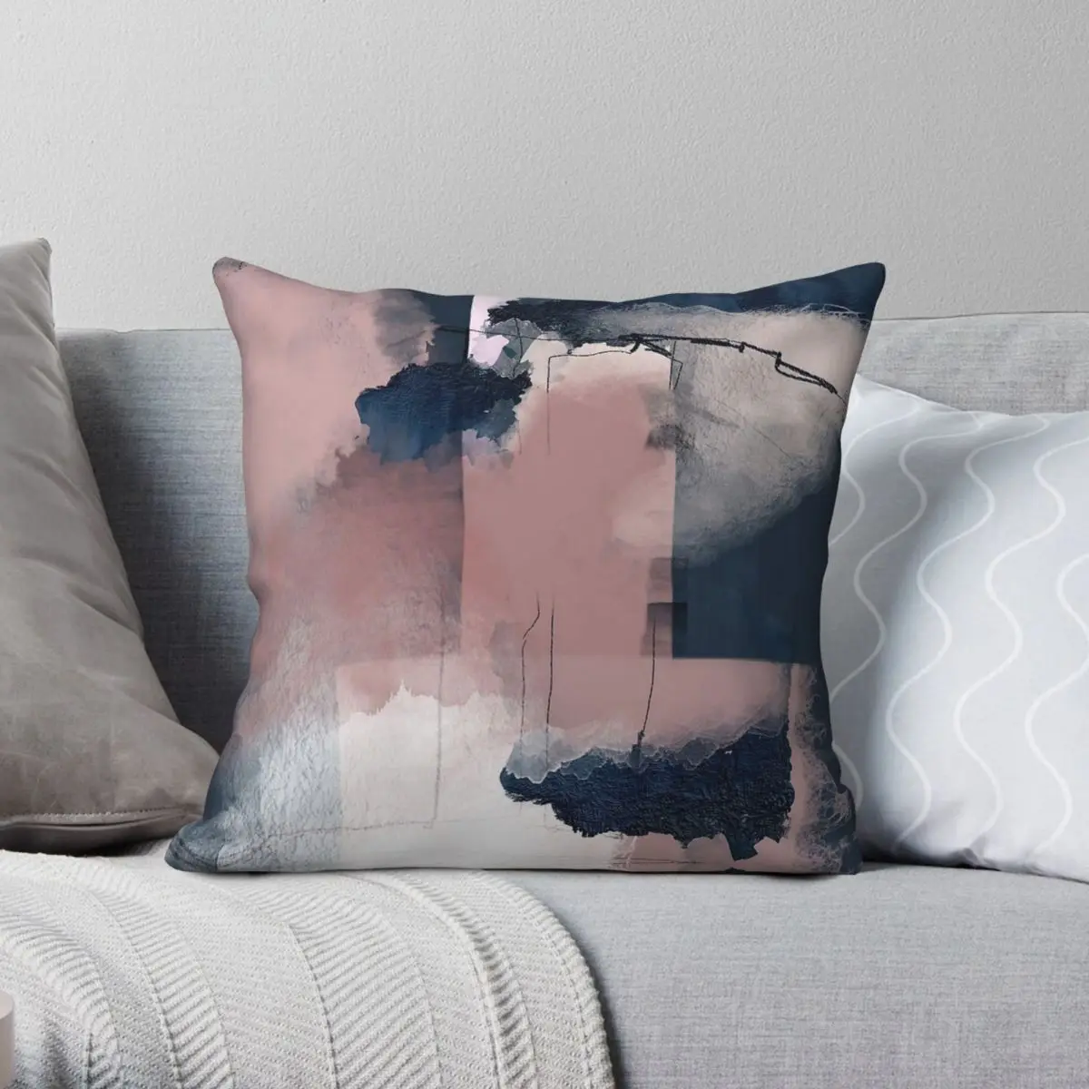 Abstract Blush Pink Navy Blue Square Pillowcase Polyester Linen Velvet Zip Decor Throw Pillow Case Sofa Seater Cushion Case 18