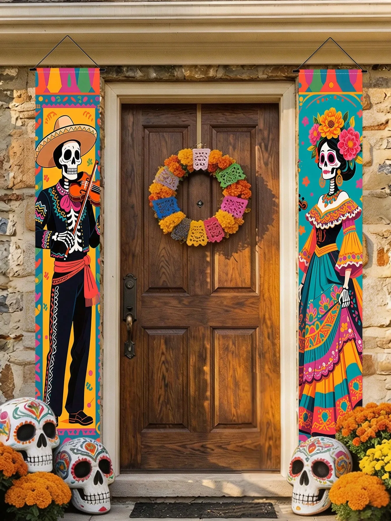Tag der Toten Veranda-Banner-Set: Mariachi-Mann, Catrina, Zucker-Schädel Vertikale Hängeflaggen für Mexikanische Halloween-Party Frontdekoration – Detail 2
