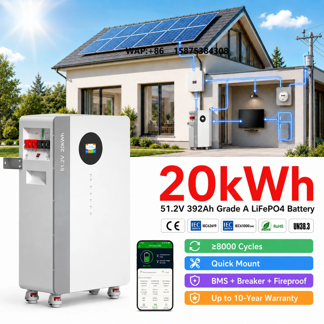 High Capacity Home Backup Power 51.2V 392AH Lifepo4 Wall Mounted 5kW 10kW ess Solar System 48v 20kwh Solar Lithium Battery
