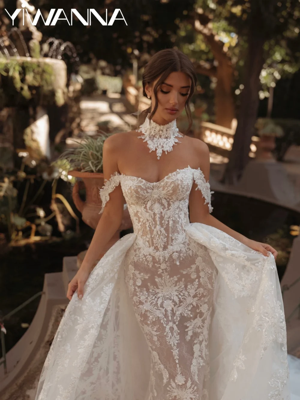 

New Detachable Train Luxury Wedding Dress Shinny Beaded Lace Bridal Gown Customized Off Shoulder Mermaid Long Dresses For Bride