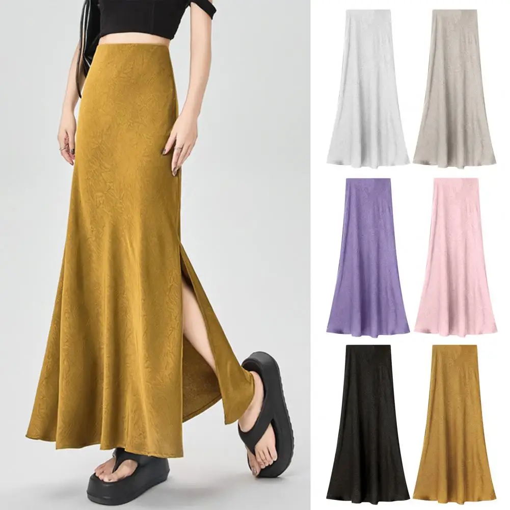 

Satin Women Skirt Elegant High Waist A-Line Fishtail Skirt with Slit Design Glossy Office Lady Flared Hem Maxi Skirt Long Skirts