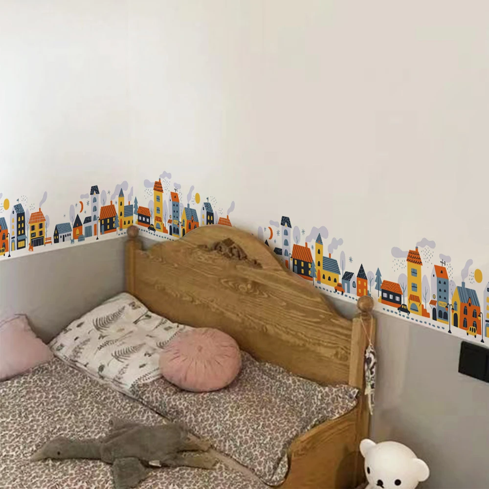 Nursery Wall Stckers Car Buildings Wall Border Children Wallpaper Baby\'s Room Girls Kids Boys Bedroom Home Decor Waterproof