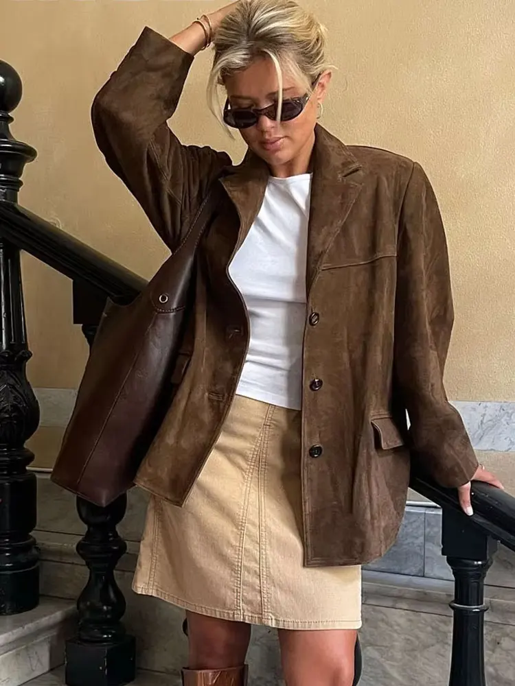 HH Trendy Suede Blazer For Women Autumn Causal Solid Color Single Breasted With Pockets Long Sleeves Lapel Retro Coats