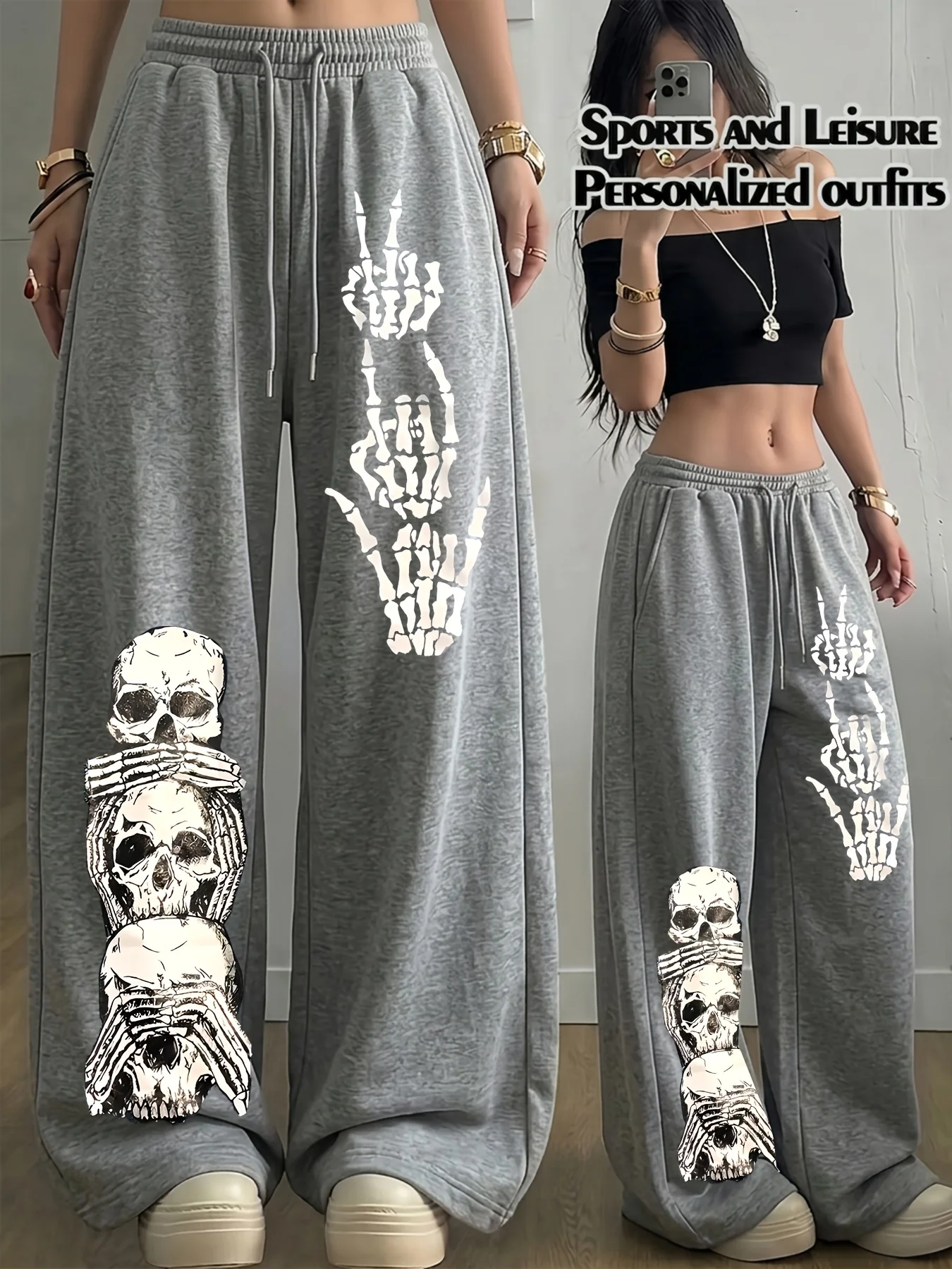 American Retro Skeleton Hand Scratch Street Fashion Unisex Oversized Loose Casual Sports Quick Drying New Pants