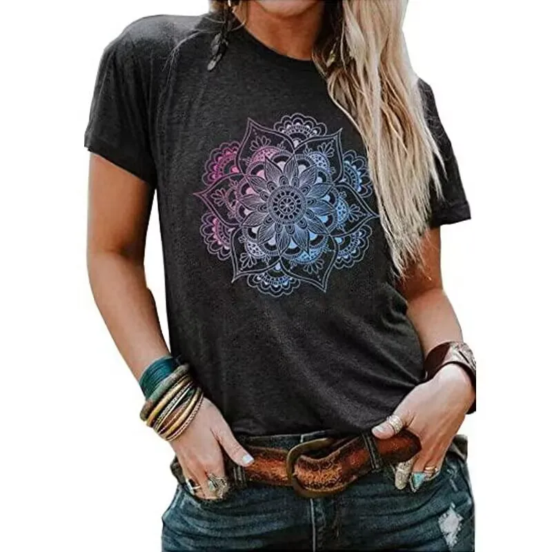 Fashion Lady T-shirts Basic Tops Crew Neck Short Sleeve Gradient Mandala Print T Shirt Women's Outfits Casual Streetwear