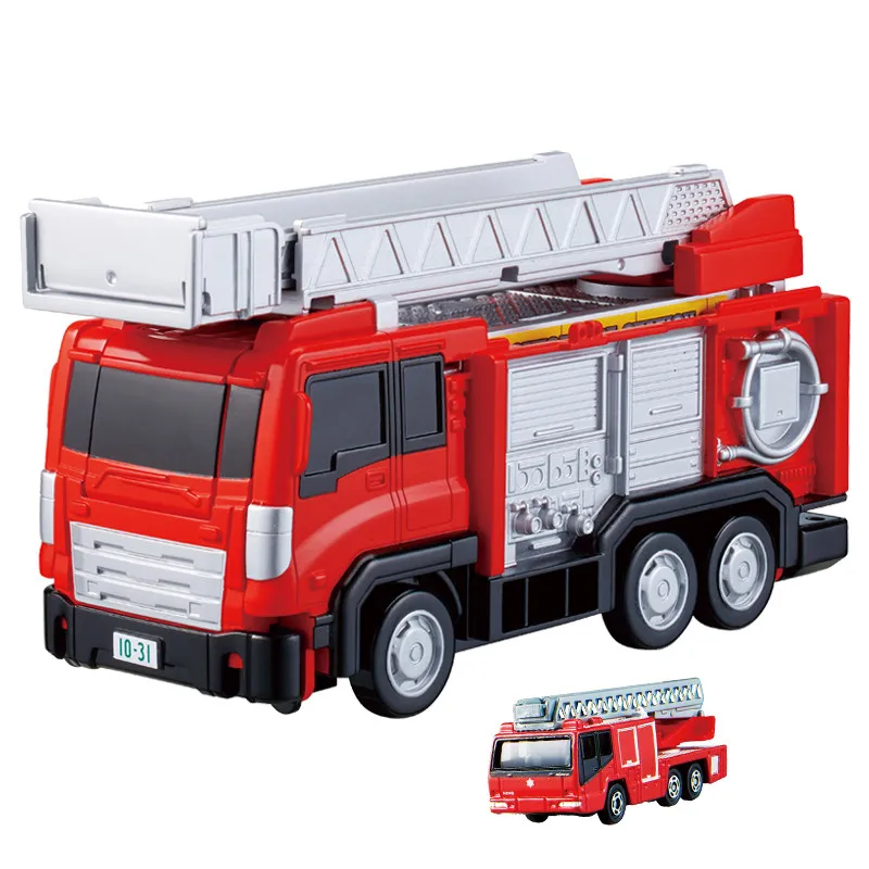 In Stock TOMY Tomica Vehicle Town Transforming Ladder Fire Truck Playset With 1 Big & 1 Small Diecast Car Toy For Boys