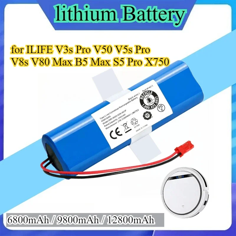 14.8V Battery 12800mAh Lithium Battery for ILIFE V3s Pro V50 V5s Pro V8s V80 Max B5 Max S5 Pro X750 Robot Vacuum Cleaner Battery