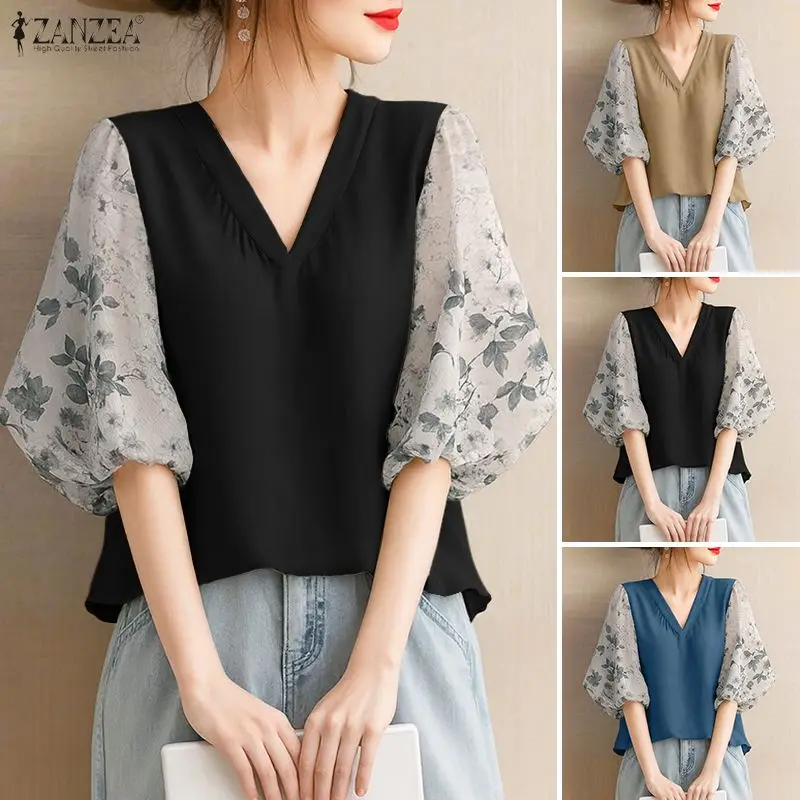 

ZANZEA Стильная женская блузка в стиле пэчворк, летняя элегантная офисная рубашка 2026, повседневная туника с V-образным вырезом и рукавом 3/4, женские праздничные блузы