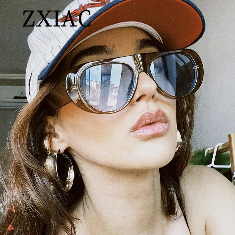 ZXIAC Retro Oval Large Frame Sunglasses Women New Trendy Wide Temple Flat Top Sun Glasses Men Gray Blue Lens Casual Shades UV400