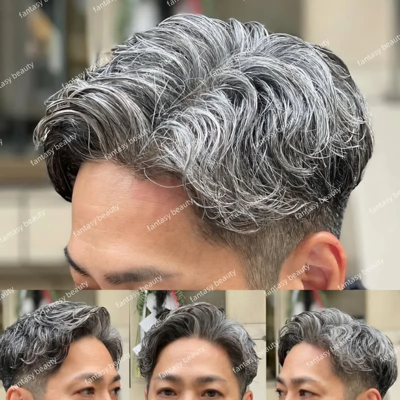 1B65 1B80 أسود أبيض 0.02 مللي متر سوبر دائم رقيقة ذكر رمادي رجالي شعر مستعار شعر بشري حقيقي شعر طبيعي شعري اصطناعي #4