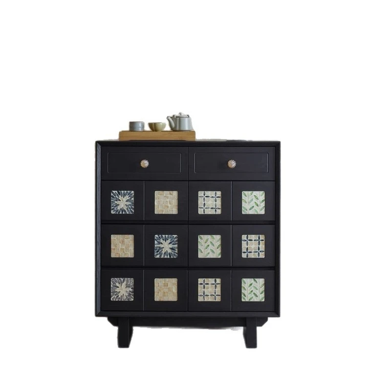 French medieval solid wood eight-bucket cabinet, retro ash wood bedroom storage sofa side cabinet, wall storage