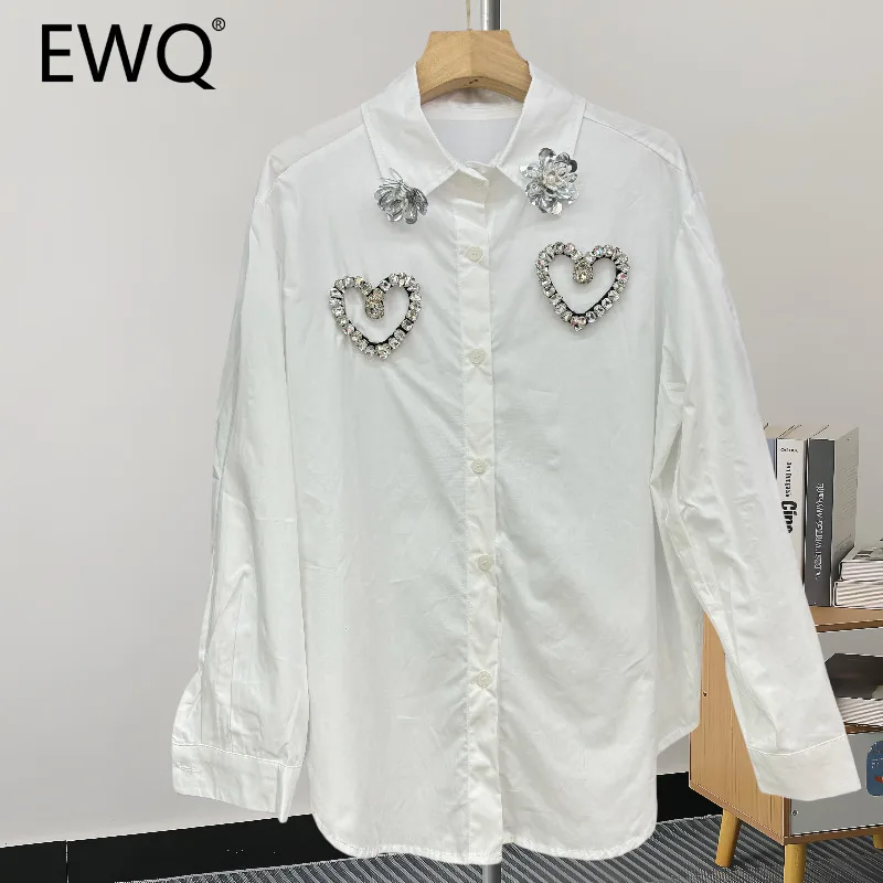 EWQ Fashion Diamond Spliced Shirt For Women Versatile Lapel Collar Long Sleeve Loose Fit Casual Top Clothing 2024 New 27X711