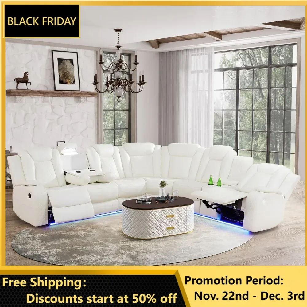 Power Reclining Sectional Sofa USB Chargers and Storage Console, Leather Recliner Sofa for Living Room Furniture Set