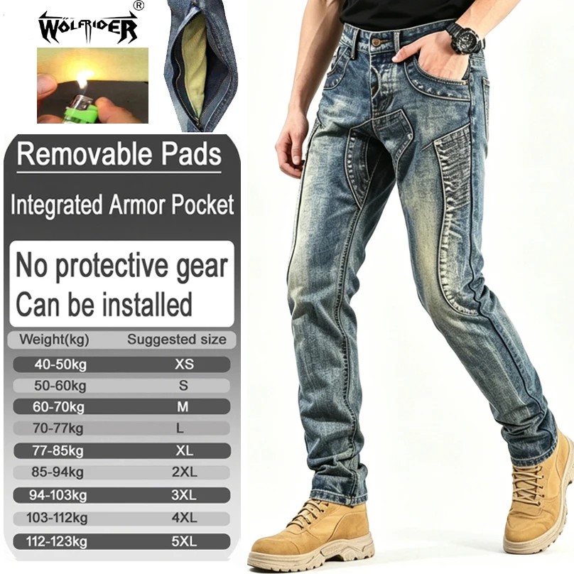 Men's kevlar motorcycle jeans aramid riding pants retro commute safety trousers with armor pockets armor not included 036