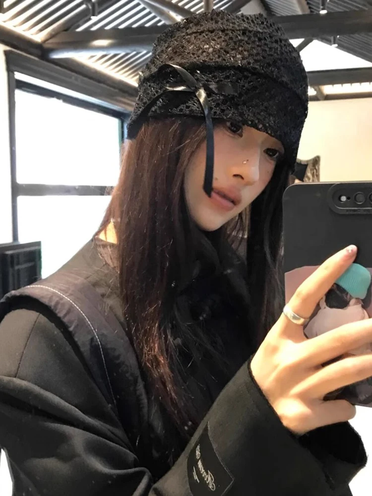 Black Lace Hollow out  Knot Women's Summer Korean Style Design Sensation Retro Overhead Cap round Top No Brim Hat