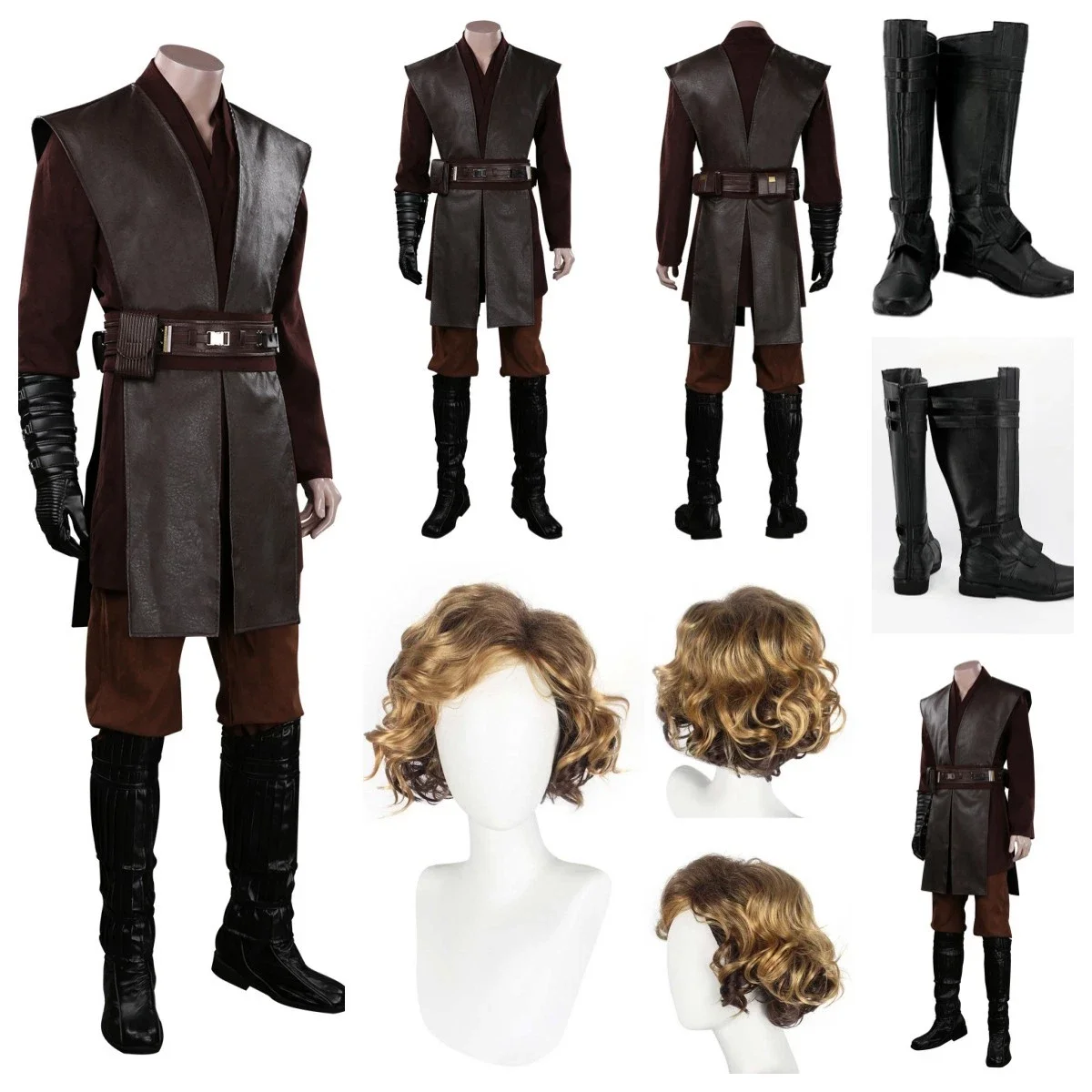 

Костюм для косплея ТВ-героя Энакина: черный боевой костюм, парик Скайуокера, ботинки, обувь, наряд для Хэллоуина