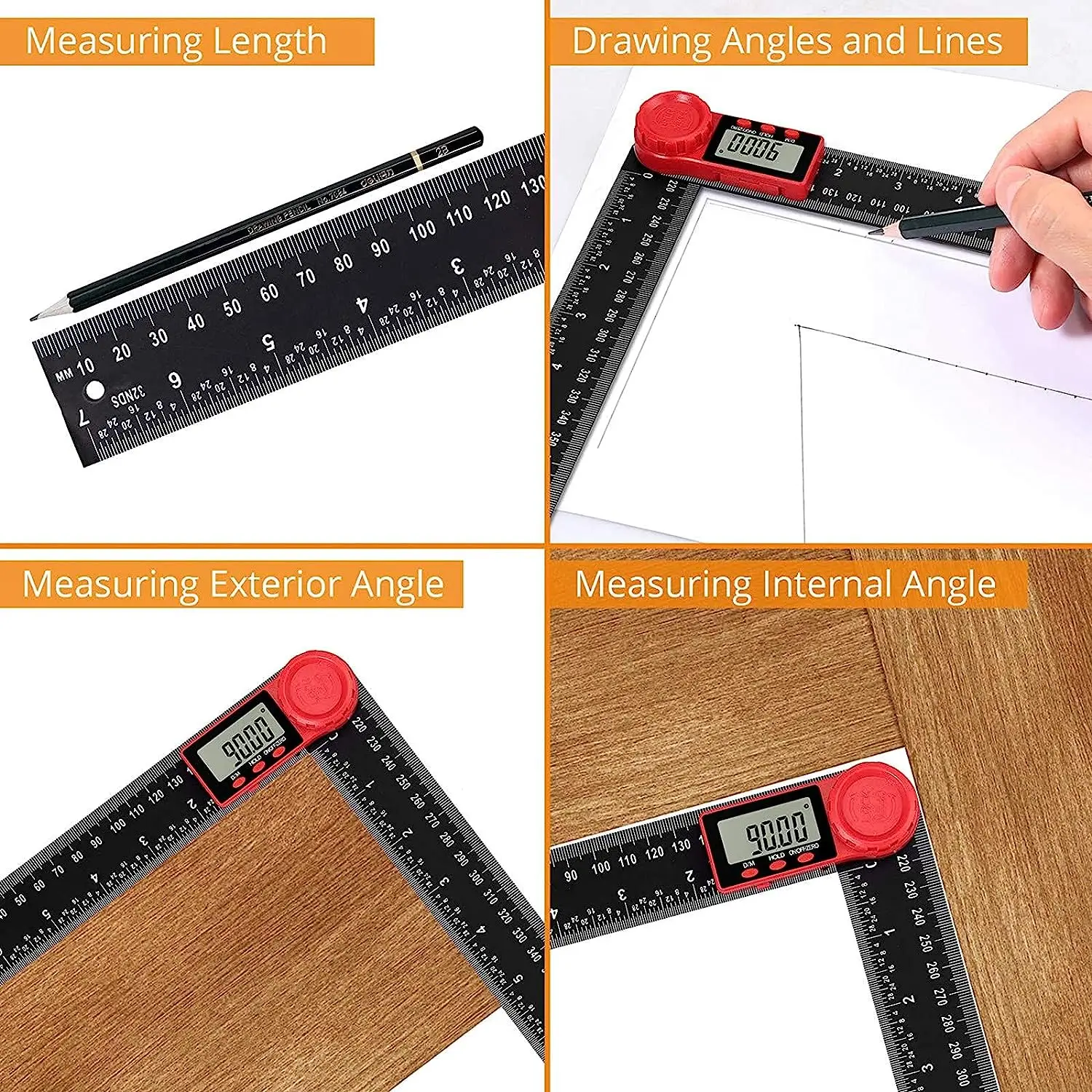 2 in 1 Angle Measurement Tool, Digital Protractor, Multifunctional 360 Degrees Inch Metric Scale Rulers,for Woodworking DIY Tool