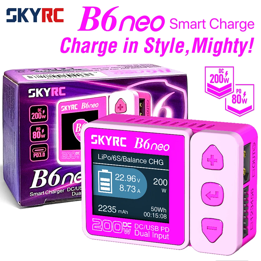 

SkyRC B6neo Pink Smart Charger DC 200W PD 80W LiPo Battery Balance Charger SK-100198 Compact 6S Charger Discharger