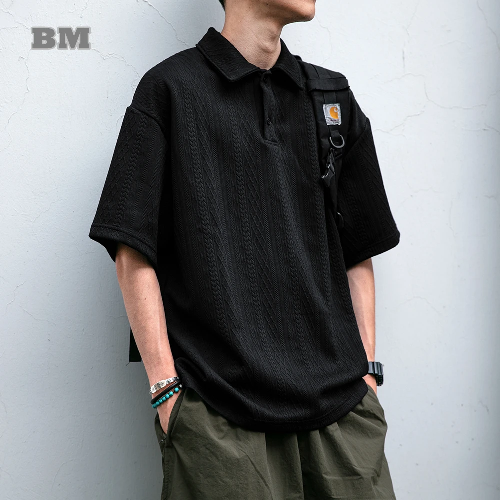 Mens Lightweight Knit Polo Shirt Summer Short Sleeve Korean Casual Loose Fit Collared Jacquard Solid Color Trendy Oversized Tops