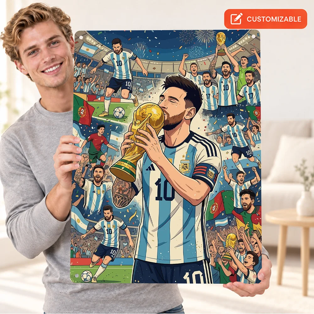 Lionel Messi Football Competition Victory Aluminum Poster Personalized Metal Sign Graphic Illustration Wall Art For Man Cave