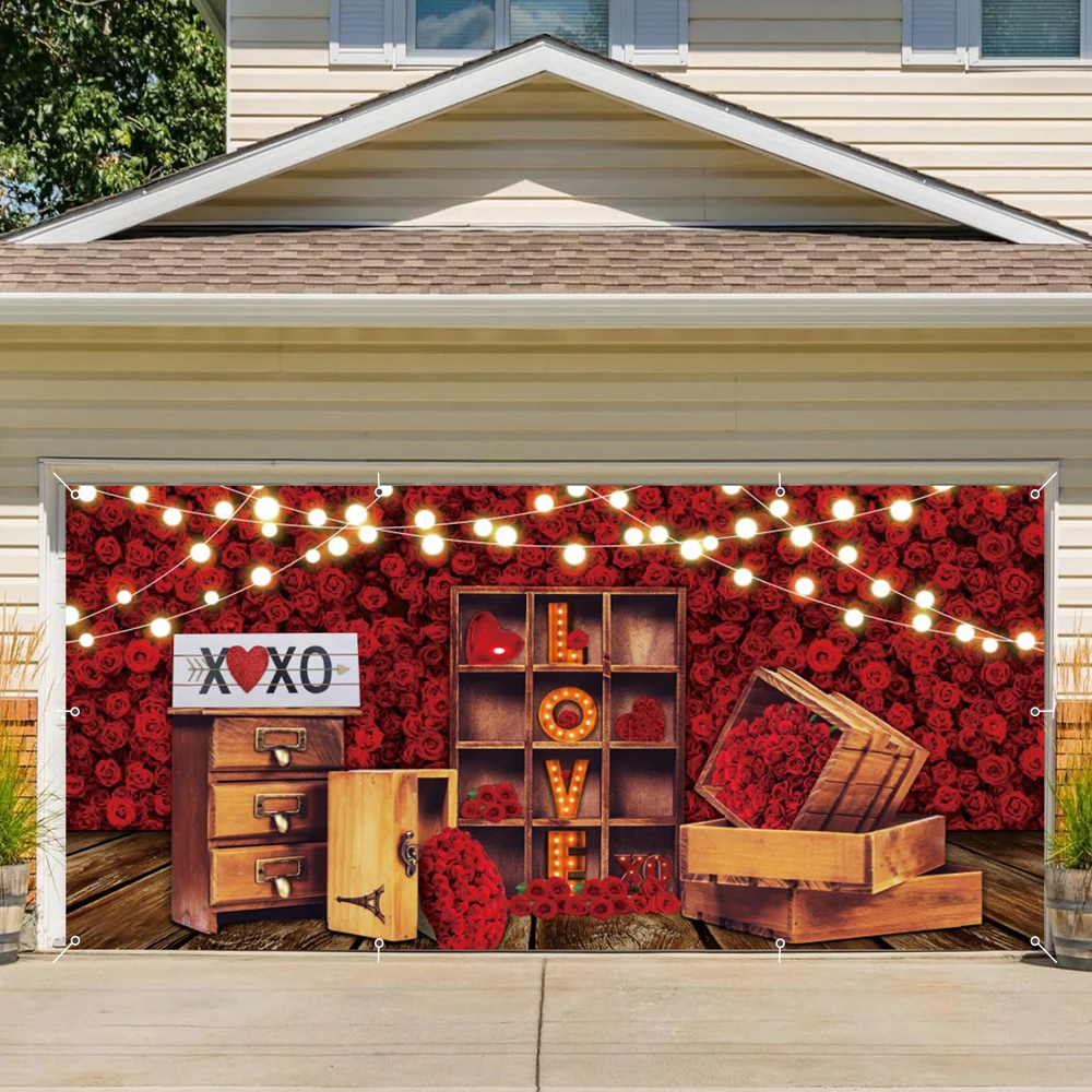 Valentine's Day Garage Door Decor Backdrop Glitter Red Rose Flower Love Heart Wedding Garage Door Background Outdoor Courtyard