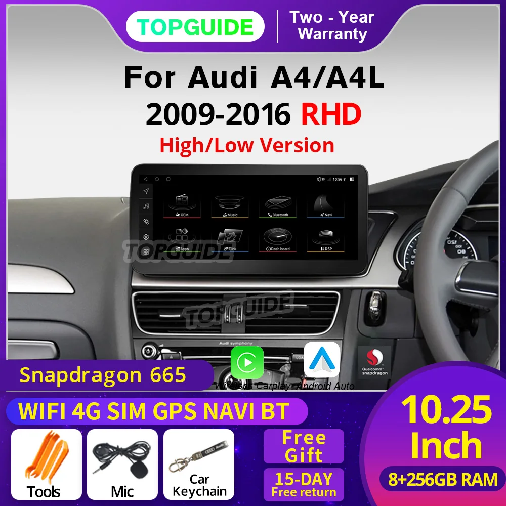 TOPGUIDE Android 12 System DSP Car Stereo Player For Audi A4 A4L A5 RHD 2008-2017 GPS Navi Radio 8+256GB WiFi BT Google Carplay