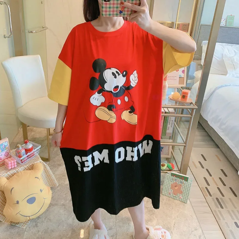 Cartoon Mickey Duck Fashion Print Summer Short Sleeve Nightdress Pajamas Women\'s Summer Long Skirt Loose Home Wear Pajamas