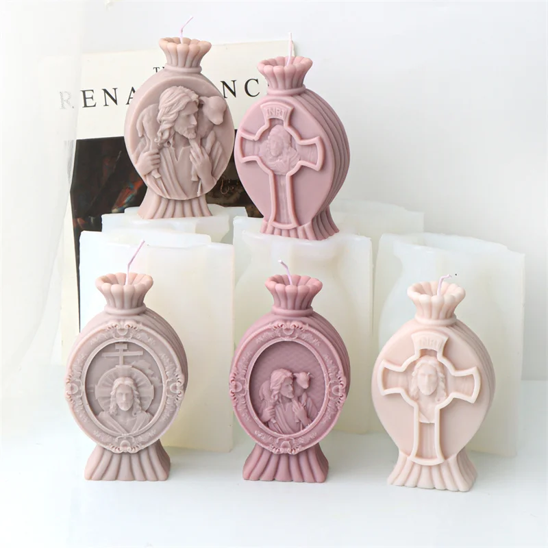 Katholische Statue Säule Kerze Form DIY Skulptur Porträt Gesicht Form Jesus Kreuz Aroma Kerze Harz Gips Wohnkultur Handwerk