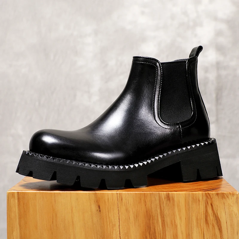 Fashion Genuine Leather Thick Sole Platform Boots Men Outdoor Hiking Work Casual Chelsea Riding Ankle Boots Male Shoes Youth