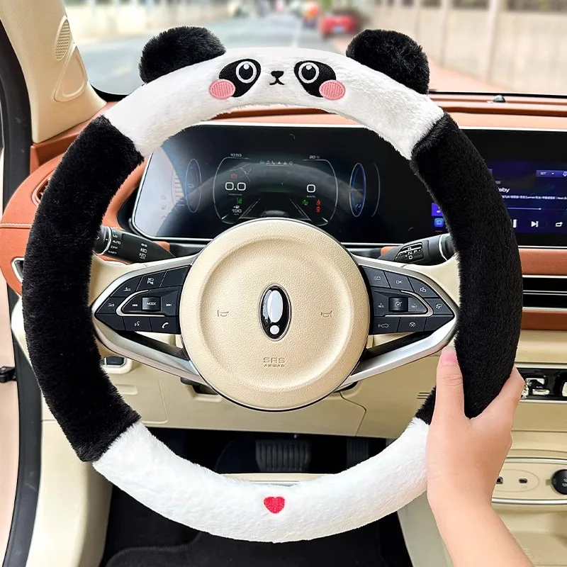 Warm Plush Car Steering Wheel Cover Protector Cute Cartoon Plush Panda Steering Wheel Cover Interior Decoration