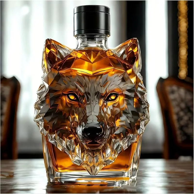 3D Wolf Head Whiskey Decanter Crystal Glass Liquor Bottle for Bar Home Decor Unique Animal Shaped Wine Container for Whiskey