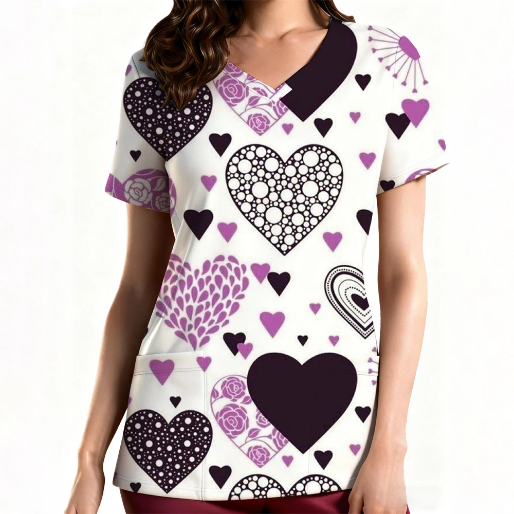 여성용 클리닉 유니폼 우아한 하트 프린트 헬스케어 스크럽 유니폼 트렌드 V넥 반팔 치과 간호 유니폼