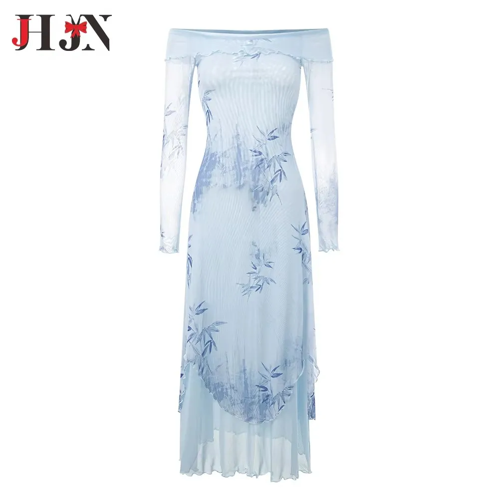 JHJN New Chinese Style Inkwash Painting Women Dresse Y2k E-Girl Slash Neck Long Sleeve Vestidos Summer Slim Waist Mesh Dress