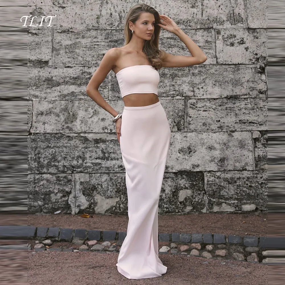

TLIT Simple Ivory Two-Pieces Silk Satin Sheath Mermaid Evening Dresses Strpless Sleevelss Prom Gowns Customized فساتين