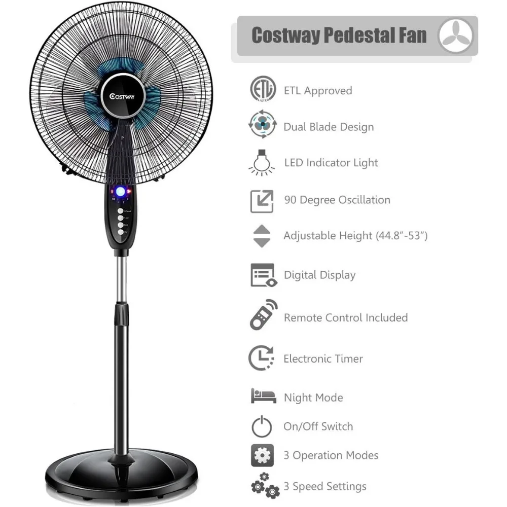 Ventilateur à piédestal avec écran LED numérique, couvercle de lame de ventilateur longue durée, dos et tête réglables, double 3 phpopularité, touristes silencieux, noir