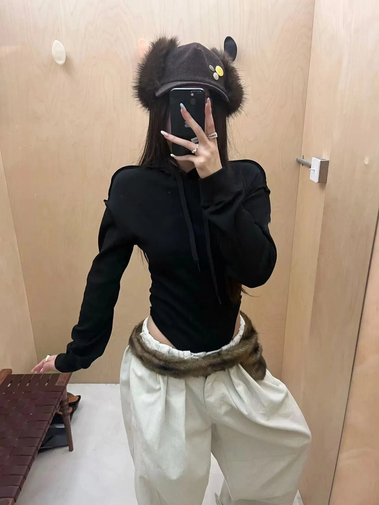 Comfortable Spicy Girl Autumn Winter Long Sleeve Drawstring Hooded Bodysuit Slimming Warm Street Style Color Sweatshirt