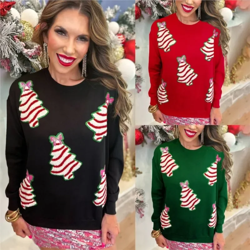 Christmas Tree Print Top Casual Women's Sportswear Fashion Decoration Comparison Sequin O-neck Long Sleeved Hooded  Loose Top