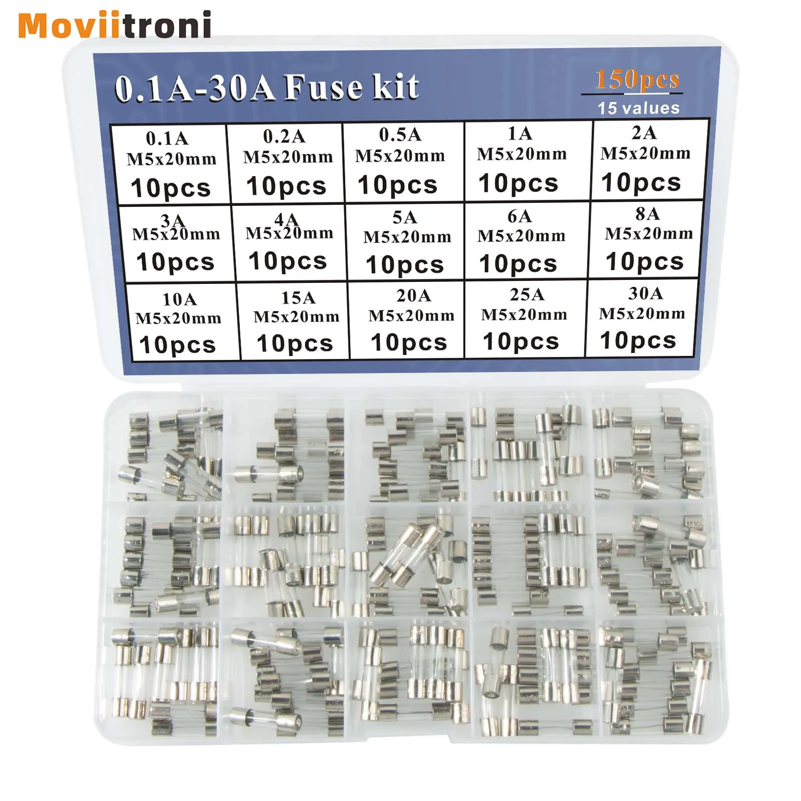 150pcs Fast Blow Fuse Kit 15 Values Quick-Blow Glass Fuses Assortment Set 5x20mm 0.1-30A