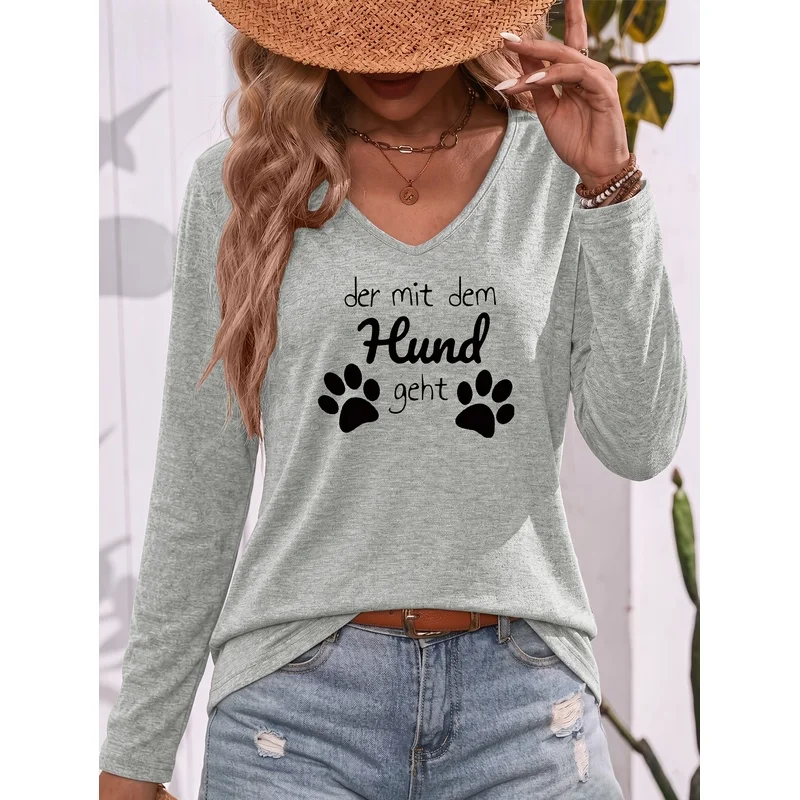 Dog Lover Identity Lifestyle T Shirt Colored V Neck Long Sleeve Paw Print German Letter Print der Mit Dem Hund Geht Daily Travel