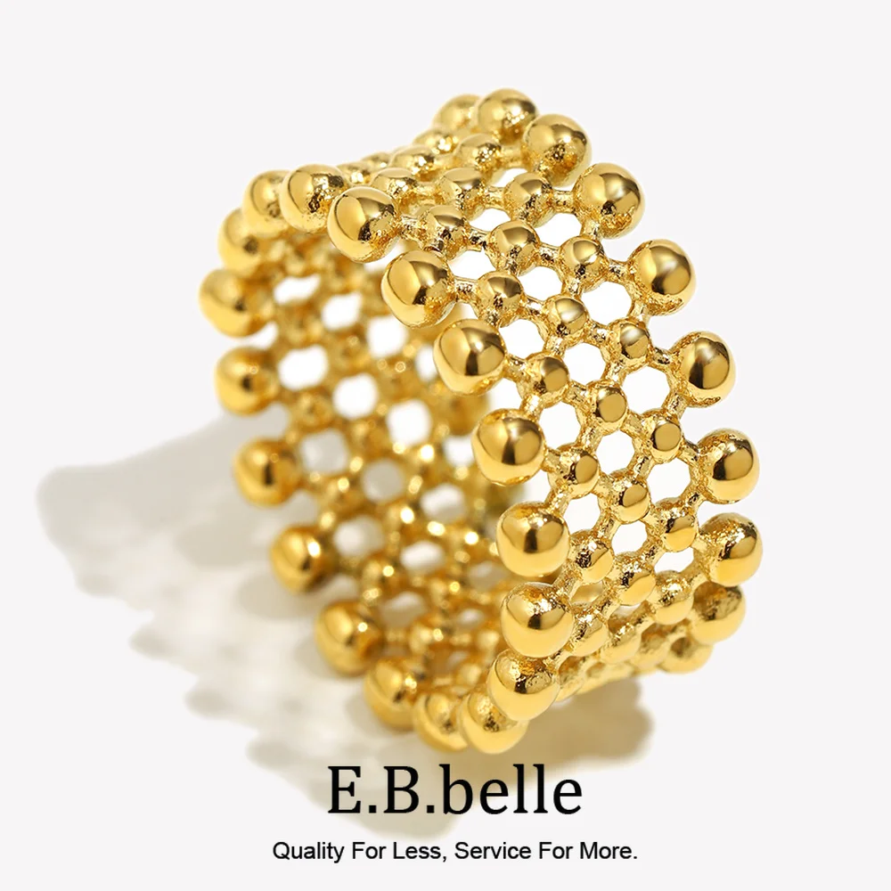 Small Ball Mesh Faced Cross Arranged Ring Water Resistant 18K Gold Plated Decoration 316L Stainless Steel Jewelry