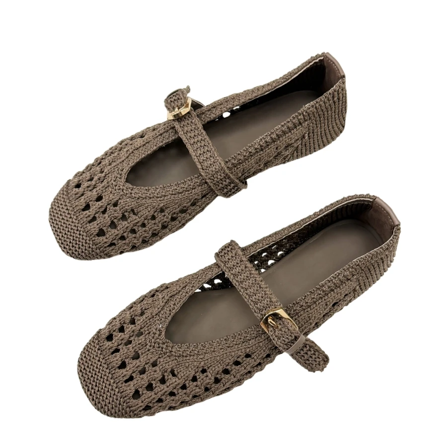 Ladies Woven Crochet Flat Shoes Out Breathable Mary Jane Buckle Strap Square Toe Women Daily Footwear BH0215