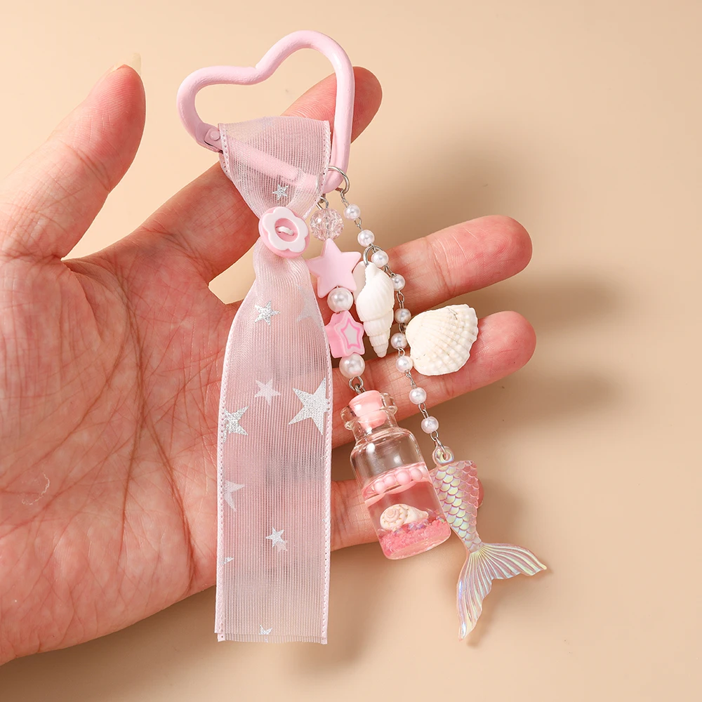 Aihua Satin-Spitzen-Meerjungfrauen-Taschenanhänger, Schlüsselanhänger, modischer Perlen-Muschel-Flaschen-Meerjungfrauen-Schlüsselanhänger, Handtaschen-, Rucksack- und Hosenanhänger, Geschenke – Detail 2