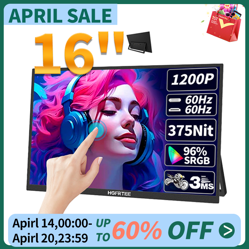 HGFRTEE 16inch Touch Portable Monitor 16:10 96%sRGB 350Cd/m² Second Screen For Laptop With Holder Stand Type-C HDMI-Compatible