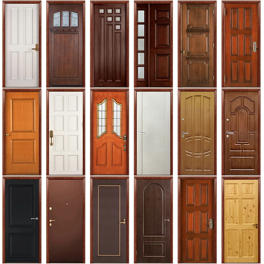 

3D Realistic Retro Wood Design Door Sticker Wallpaper Oriential Chinese Red Wood Plain Door Cover Mural Home Decorations