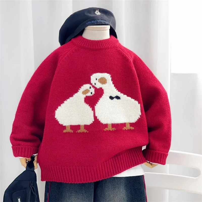 Boys Woolen Sweater Crochet Cotton Windbreak 2024 Red Plus Thicken Autumn Winter Pullover Warm Children's Clothing