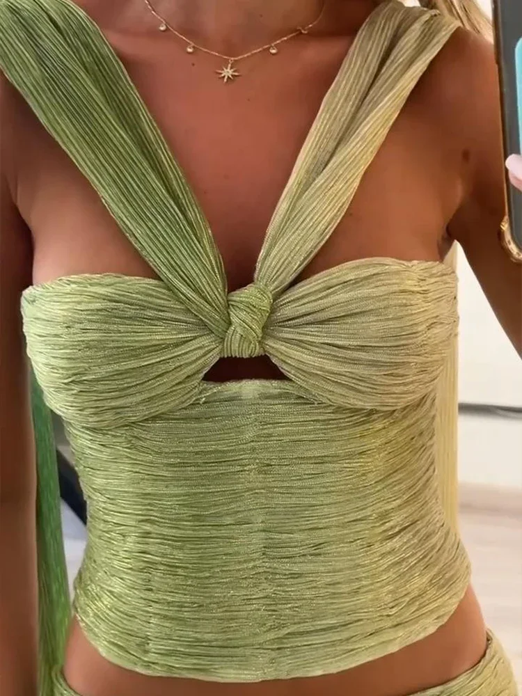 

Women's Green Gradient Dress Set Crochet Bandeau Top with Cross Tie & Slit Maxi Skirt, Bohemian Chiffon Two Piece Outfit Summer